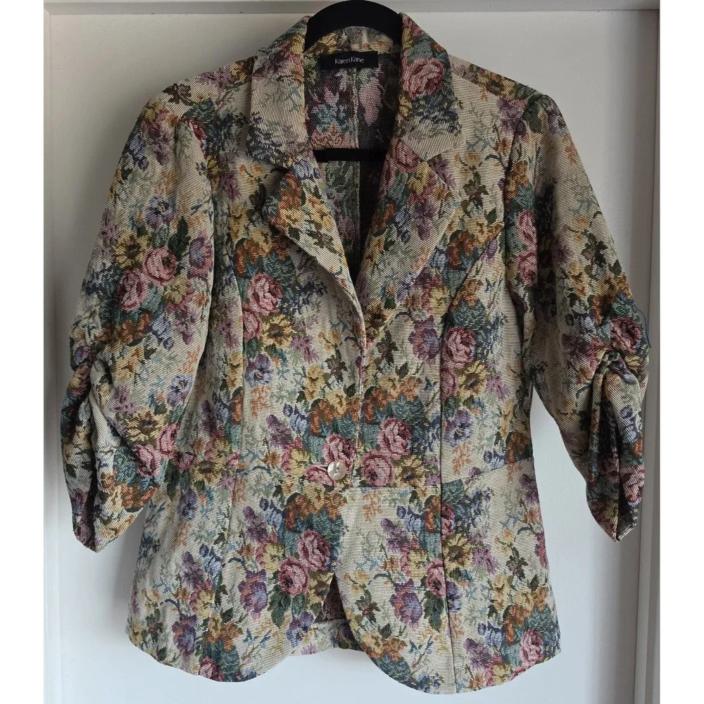 VTG Karen Kane Tapestry Blazer Floral Multi-Color 3/4 Sleeve Collared Jacket